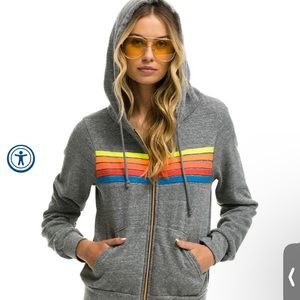 Aviator Nation 5 Stripe Hoodie Heather Grey Neon Rainbow - Size L - NWOT